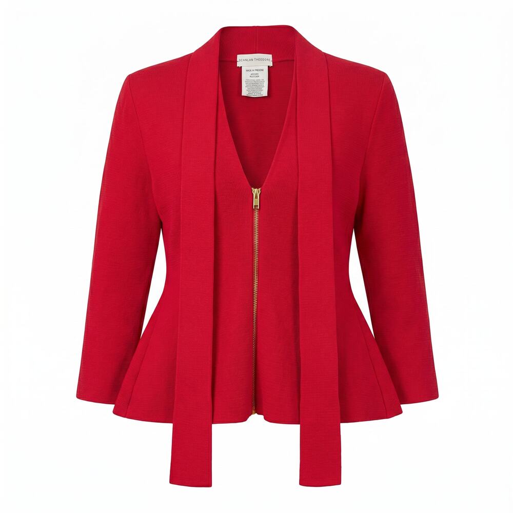 Scanlan Theodore Red Peplum Zip Blazer  | 3/4 Sleeves | V-Neck